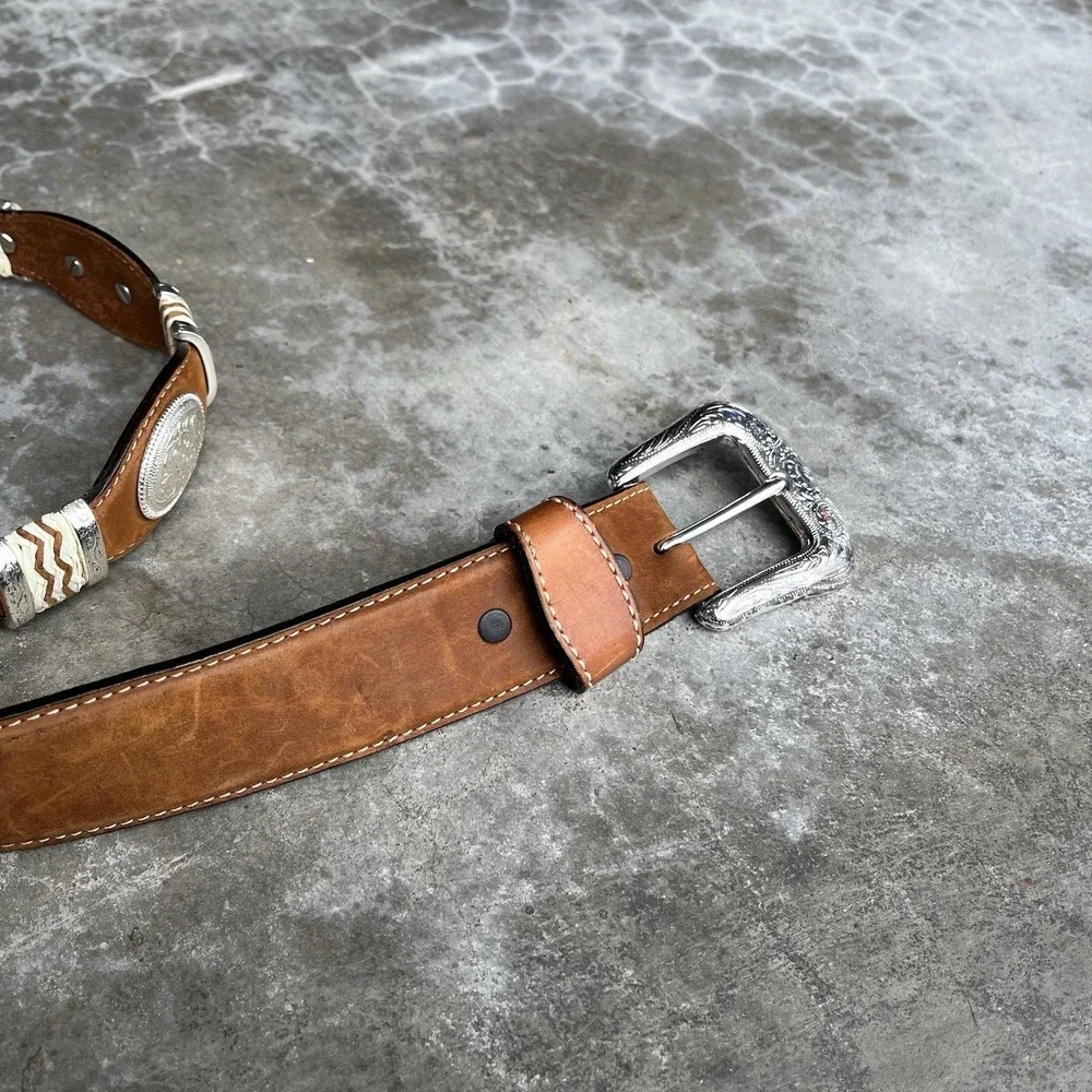 True Vintage Tony Lama Brown Leather Belt Studded Silver Size 44